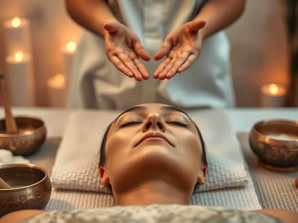 A serene close-up shot of an individual receiving Reiki healing in a tranquil spa environment. The practitioner hovers their hands above the client, who lies peacefully with closed eyes. Surrounding the scene are tuning forks and sound bowls, emphasizing the integration of sound therapy. The background is softly lit, with calming colors to enhance the serene atmosphere, reflecting the holistic nature of the treatment.