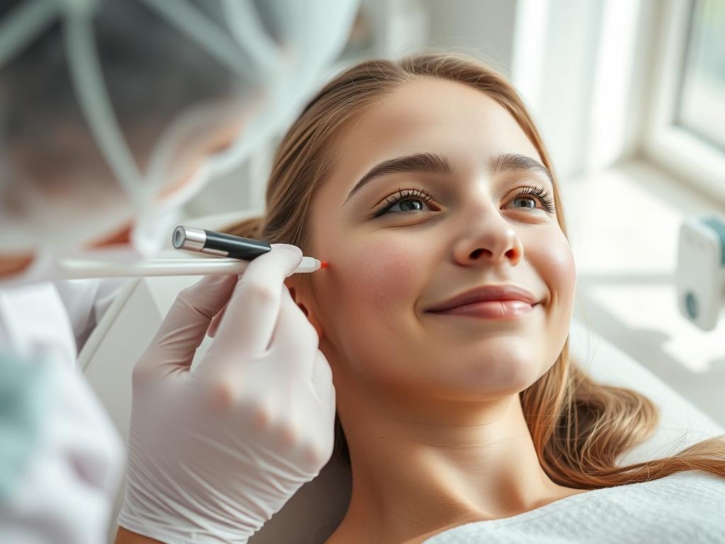 A close-up of a teenage girl receiving an acne treatment in a bright, modern spa. The aesthetician is gently performing an extraction while the girl looks relaxed and hopeful. The surroundings are clean and inviting, with soft, natural lighting that enhances the ambiance.