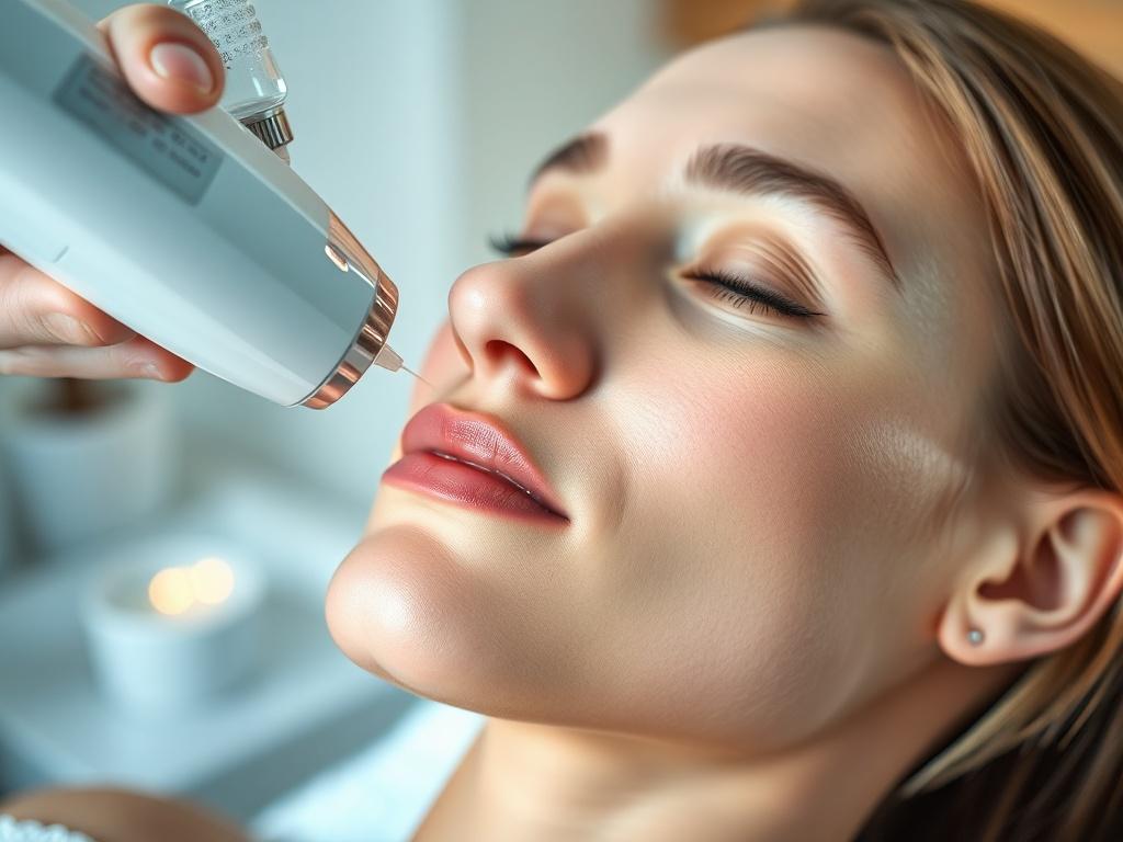 A close-up shot of a woman receiving an oxygen facial treatment in a luxurious spa setting. The focus is on the oxygen delivery device misting her face, with soft, bright lighting enhancing the freshness of the experience. The woman's expression is serene and rejuvenated, highlighting the benefits of the treatment. The background is elegantly blurred.