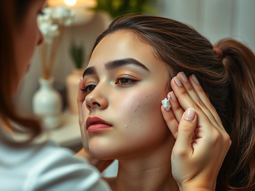 A young teen receiving a specialized acne treatment in a spa setting. The esthetician is gently cleansing the teen's face, showcasing a caring and supportive interaction. The background features calming décor, creating a safe space for young clients to focus on their skincare needs.