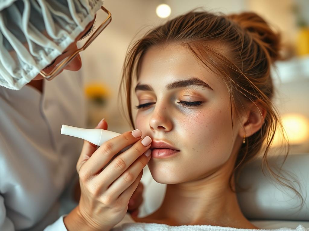 A close-up shot of a teenager receiving an acne treatment in a modern spa. The aesthetician is gently applying a treatment product, focusing on the teen's skin with a caring expression. The background features bright, cheerful decor that fosters a welcoming atmosphere. The color palette reflects the primary color rgb(193, 153, 87).
