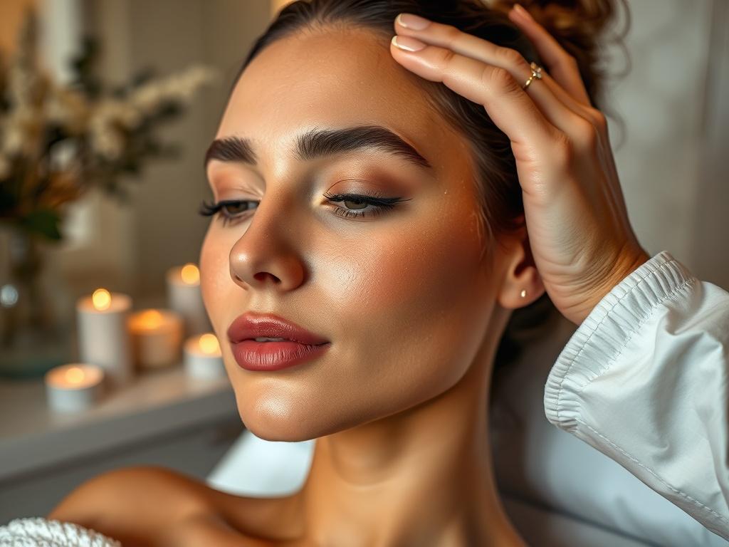 A close-up image of a client with glowing skin post-treatment in a luxurious spa setting. The aesthetician is applying a finishing touch to the Red Carpet Peel, showcasing the rejuvenated skin texture. The background features elegant spa decor with soft lighting and natural elements that enhance the feeling of luxury and relaxation. The color scheme aligns with rgb(193, 153, 87).
