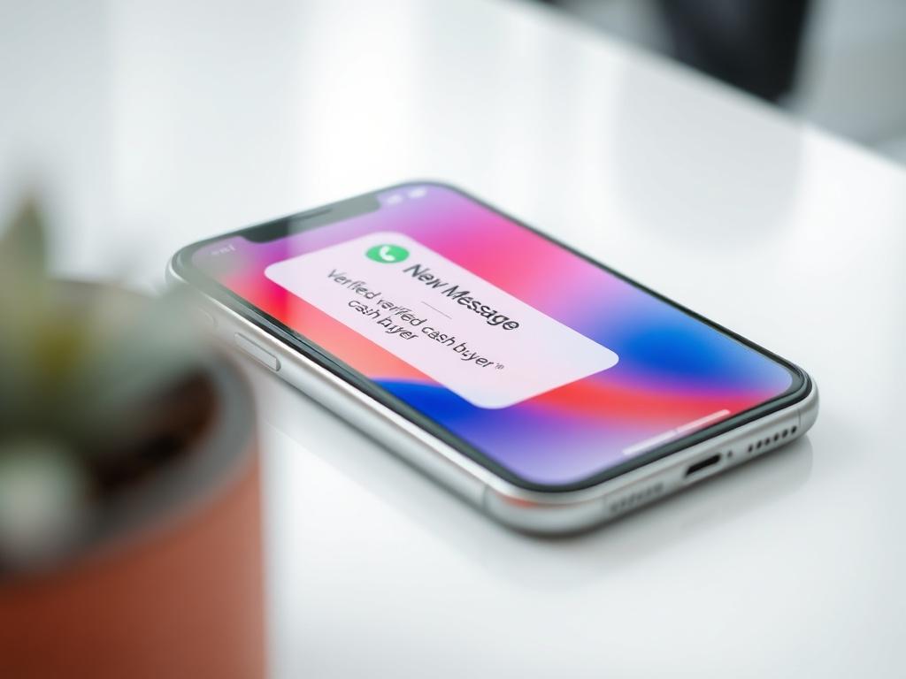 A close-up shot of a modern smartphone lying on a clean, white surface. The phone screen displays a new message notification with a vibrant, colorful background. The notification is bold and easy to read, showcasing an incoming message from a verified cash buyer. The focus is sharp on the smartphone, with a soft blur in the background to keep the attention on the device.