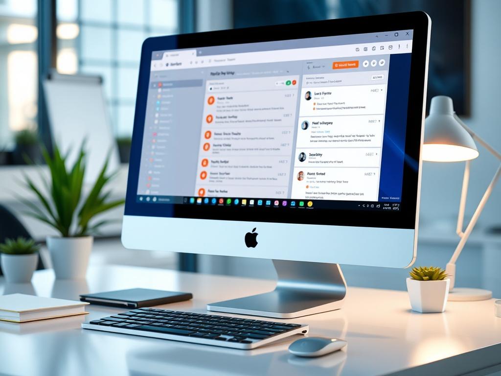 A high-resolution close-up shot of a computer screen displaying an email application. The screen shows a well-organized inbox with a few highlighted emails, featuring vibrant colors for visibility. The background is softly blurred, emphasizing the screen. The setting is a modern workspace with a sleek desk and minimalistic decor, reflecting a professional atmosphere. The image should align with the rgb(50, 170, 39) primary color.