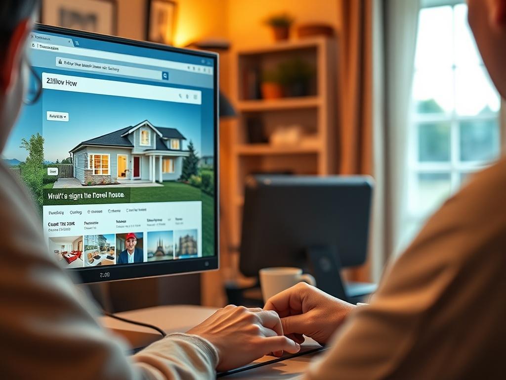 A close-up shot of a computer screen displaying a beautifully designed house listing on Zillow. The screen should show vibrant images of the house, detailed descriptions, and relevant property features. A person, focused and engaged, is sitting in front of the screen, typing. The background should be a cozy home office with warm lighting, giving a sense of productivity and creativity.