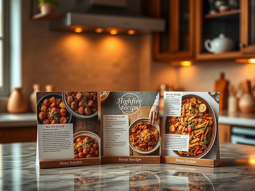 A set of beautifully designed recipe cards displayed on a kitchen counter, featuring enticing images of highfire dishes. Each card is vibrant and colorful, showcasing a different recipe. The setting includes a cozy kitchen background with warm lighting, creating a homey and inviting feel.