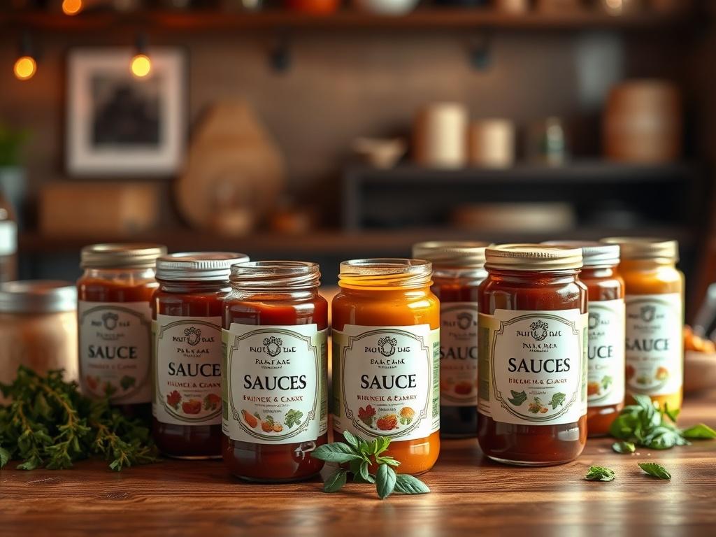 A collection of gourmet sauces displayed in elegant glass jars, with labels showcasing their unique flavors. The jars are arranged on a wooden table, accompanied by fresh ingredients like herbs and vegetables. The setting is warmly lit, creating an inviting and appetizing atmosphere.