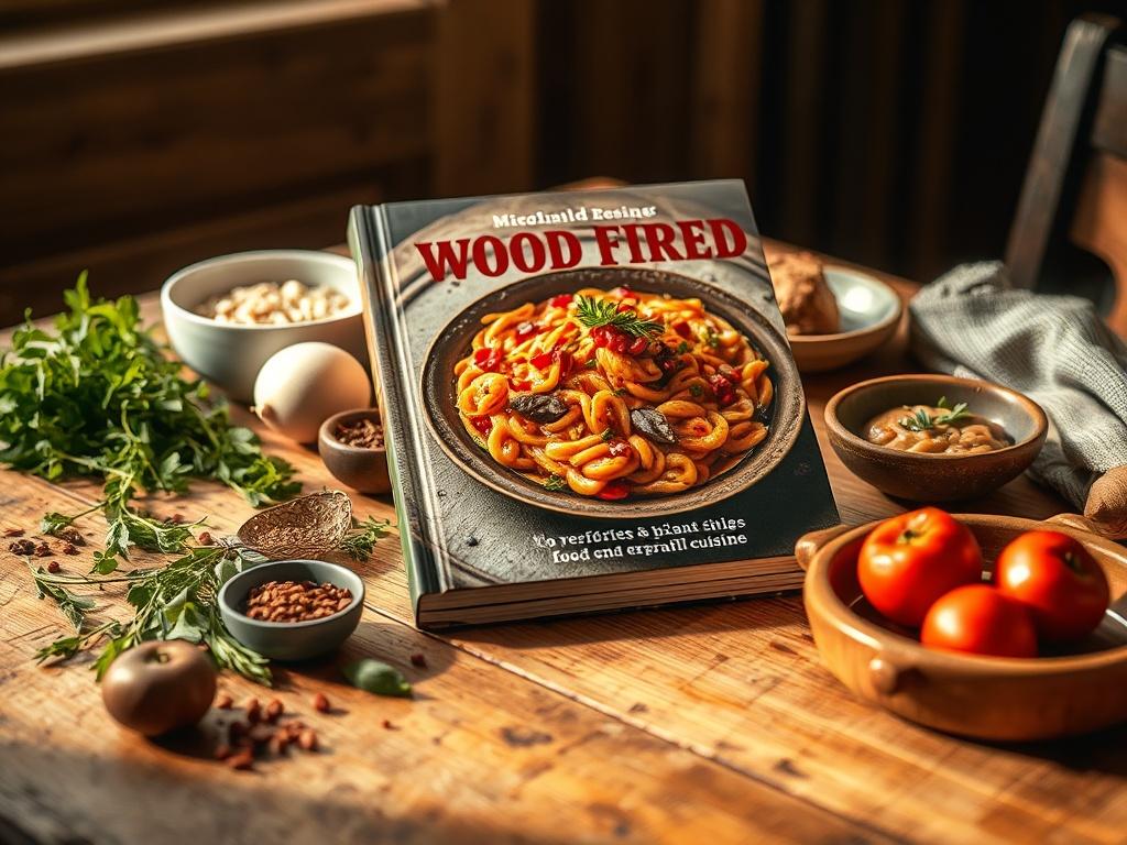 A beautifully arranged cookbook featuring wood-fired recipes on a rustic wooden table, surrounded by fresh ingredients like herbs, spices, and vegetables. The cover showcases a vibrant, appetizing dish that represents highfire cuisine. Soft, warm lighting enhances the cozy atmosphere, reflecting the inviting feel of a modern fire-based restaurant.