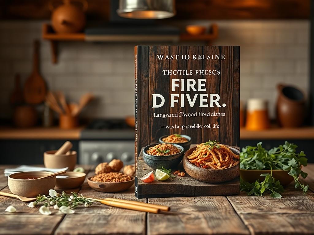 A high-resolution photo of a beautifully designed eBook cover featuring wood-fired dishes, set against a cozy kitchen background with warm lighting, showcasing elements like wooden utensils, fresh ingredients, and a rustic table.