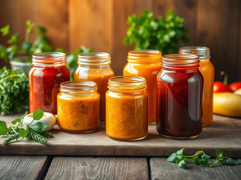 A high-resolution photo of a collection of glass jars filled with vibrant sauces, arranged on a rustic wooden table, with fresh herbs and vegetables in the background, bathed in warm, inviting lighting.
