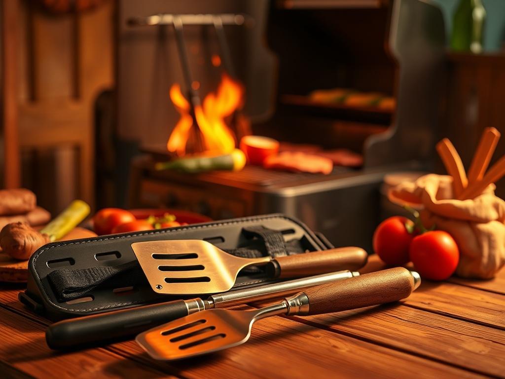 A high-resolution photo showcasing a grilling essentials kit, including various tools like spatula and tongs, elegantly placed on a wooden table, with a backdrop of a grill and fresh ingredients, illuminated by soft, warm light.