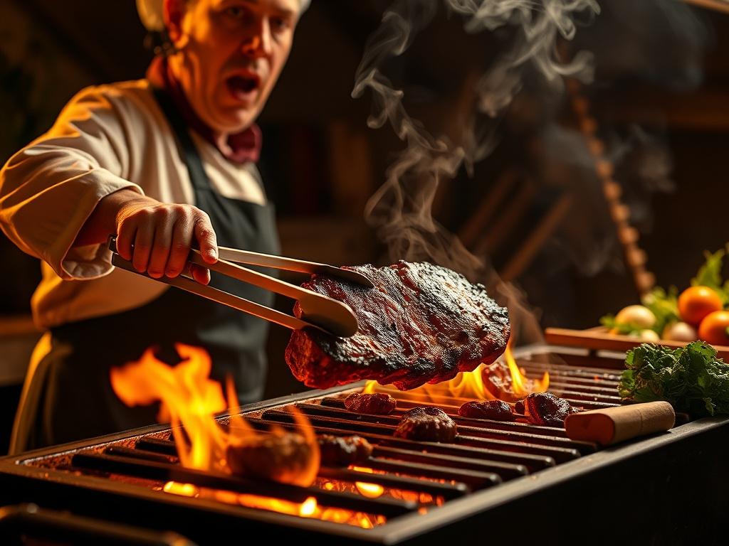 Create a realistic high-resolution photo that captures the essence of "Mastering Highfire Cooking Techniques." The composition should be simple and clear, featuring one main subject: a skilled chef in the midst of preparing a culinary masterpiece over a wood-fired grill. 

The chef should be depicted from a slight angle to showcase their focused expression while handling a perfectly charred piece of meat with a pair of tongs, illustrating meticulous technique and expertise. 

In the background, incorporate 