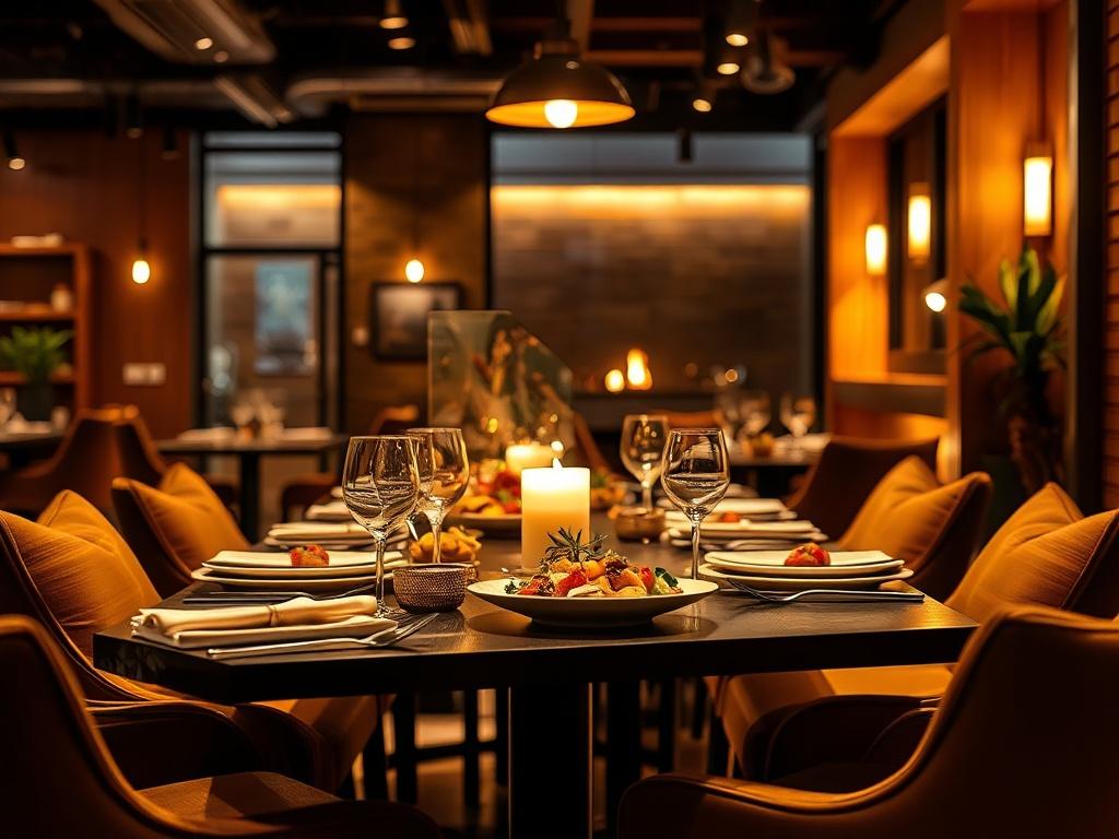 A cozy, golden hued dining setting within The Highfire Restaurant,