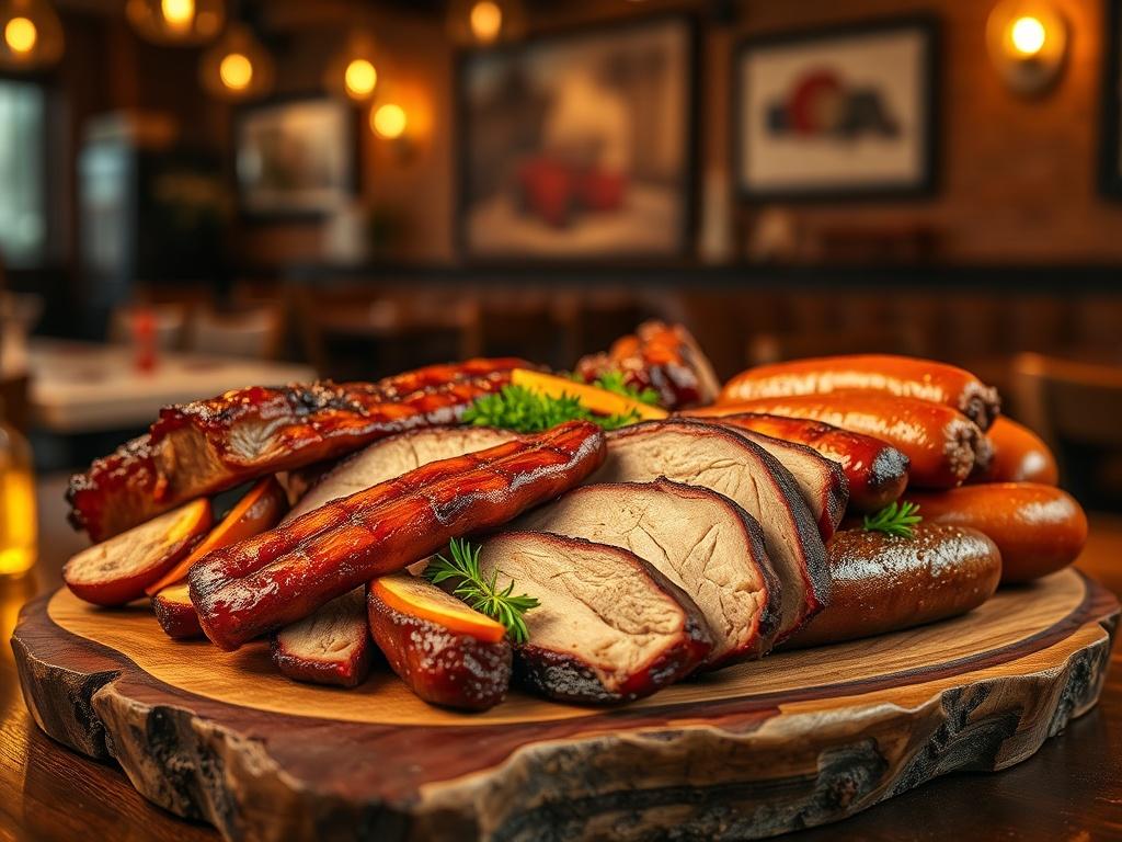 A beautifully arranged platter of various smoked meats, including brisket,