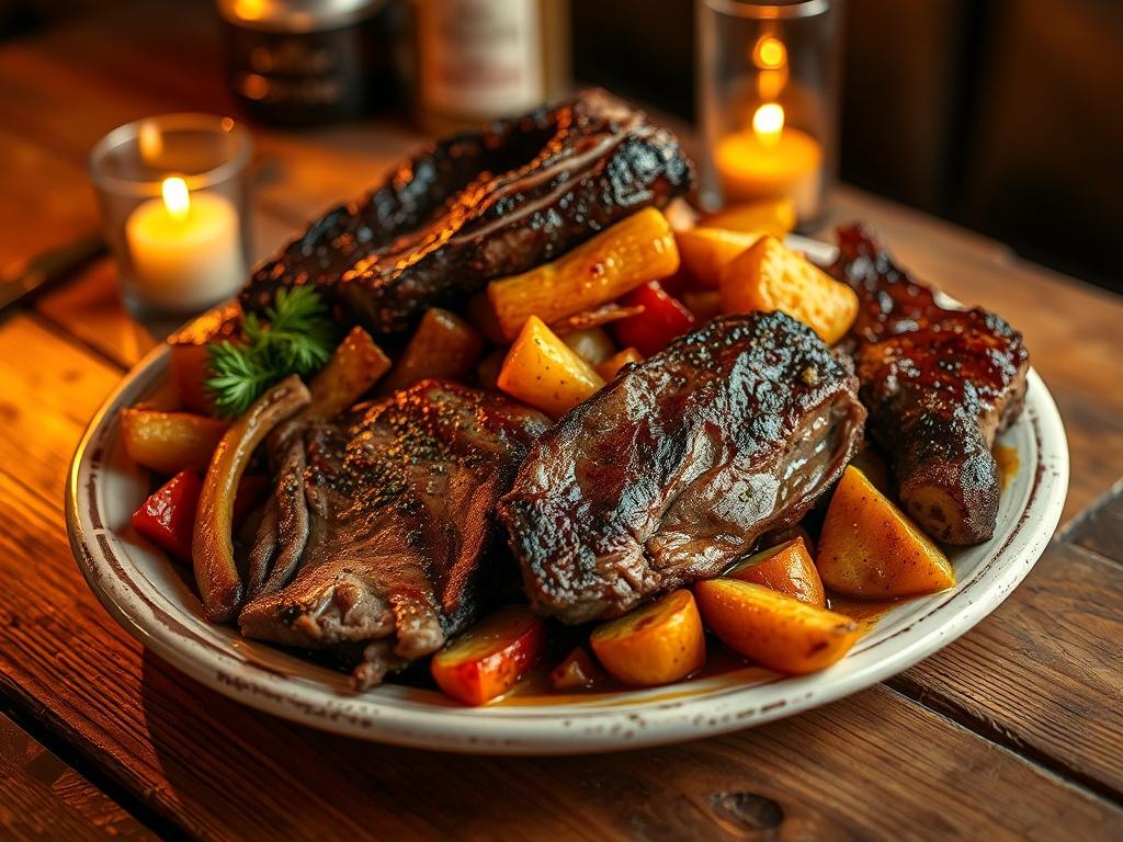 A beautifully plated dish of wood fired smoked meats, featuring