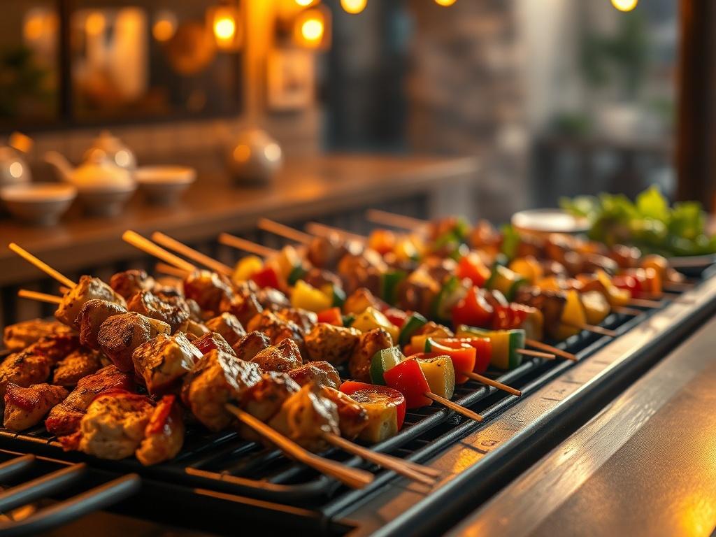 A vibrant display of grilled entrees including marinated chicken skewers,