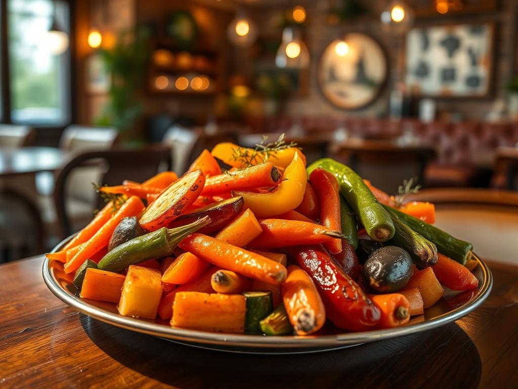 A beautifully arranged platter of various roasted vegetables, including carrots,
