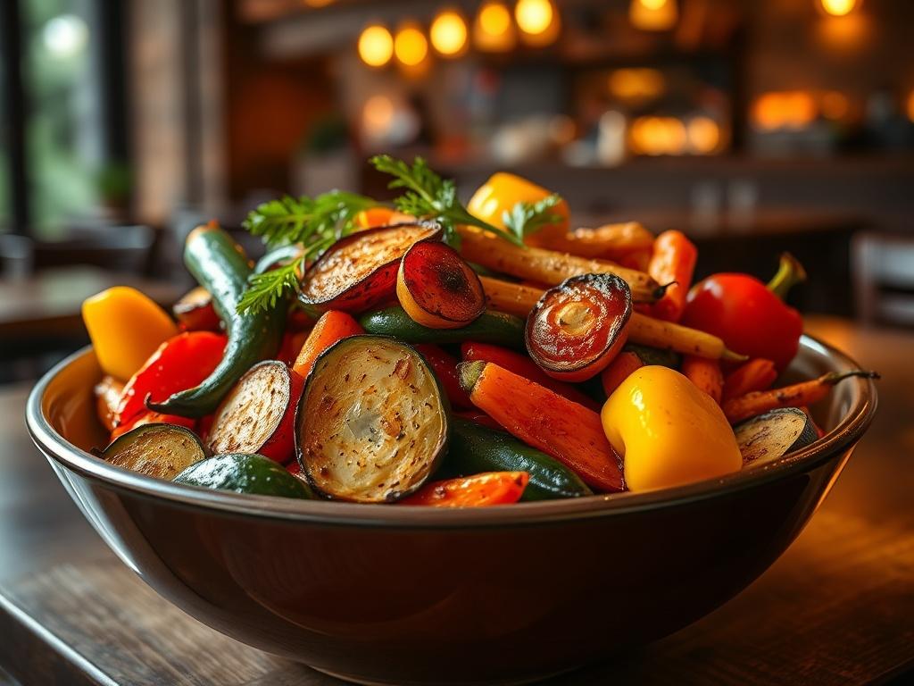 A vibrant and colorful assortment of roasted vegetables, including zucchini,