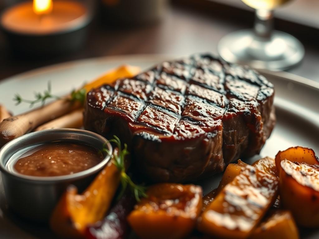 A close up shot of a perfectly grilled steak, with