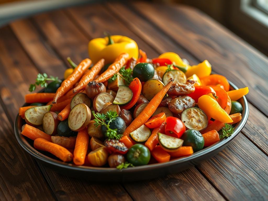 A vibrant platter of assorted roasted vegetables, including carrots, bell