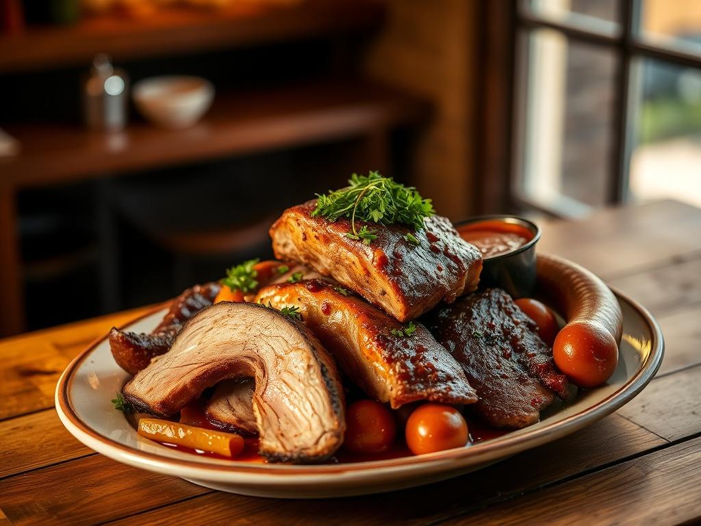 A beautifully plated dish featuring a variety of smoked meats,