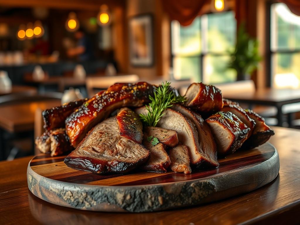 A beautifully plated serving of smoked meats including brisket, ribs,
