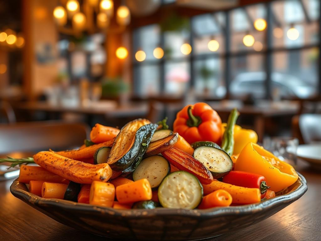 A colorful assortment of roasted vegetables, including carrots, zucchini, and