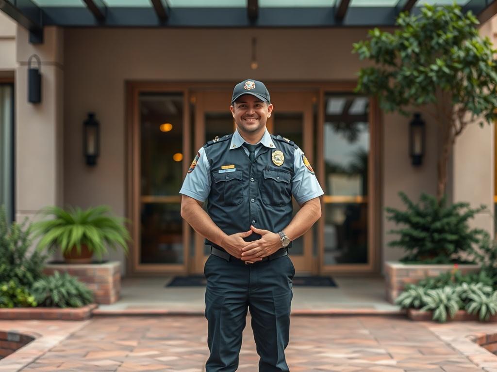 Create a realistic high-resolution image that visually embodies the theme of "Security Best Practices at Marriott Hotels." The composition should be simple and clear, featuring a single subject: a friendly and professional security guard standing confidently at the entrance of a Marriott Hotel. The guard should be wearing a neatly pressed uniform, complete with insignia, and displaying a welcoming smile to convey a sense of safety and approachability.

In the background, include the welcoming facade of a Ma