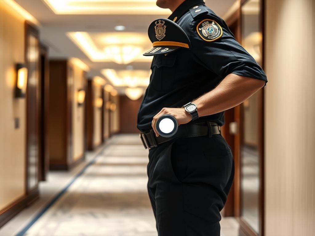 Create a hyper-realistic image of a security guard in uniform, confidently patrolling a well-lit corridor of a hotel. The guard should be the focal point, showcasing a clean, assertive stance while holding a flashlight. The background should be slightly blurred, emphasizing the guard's vigilance, with soft lighting that highlights the professionalism of the setting. Use an RGB color palette of rgb(50, 170, 39) to create a cohesive look.