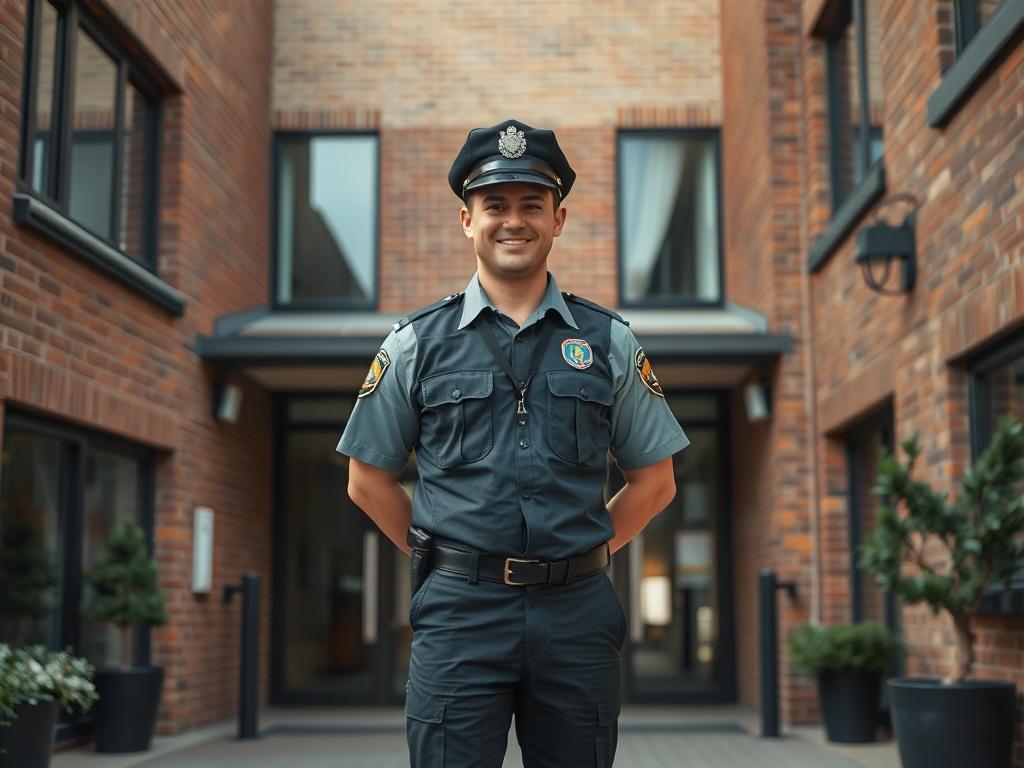 Create a realistic high-resolution image that embodies the concept of "Security in Student Accommodations." The composition should be simple and clear, featuring one focused subject: a professional security guard standing confidently at the entrance of a modern student accommodation building. The guard should wear a well-fitted uniform, displaying authority and approachability, with a friendly yet vigilant expression.

In the background, depict the entrance of the student facility, showcasing a clean, well-