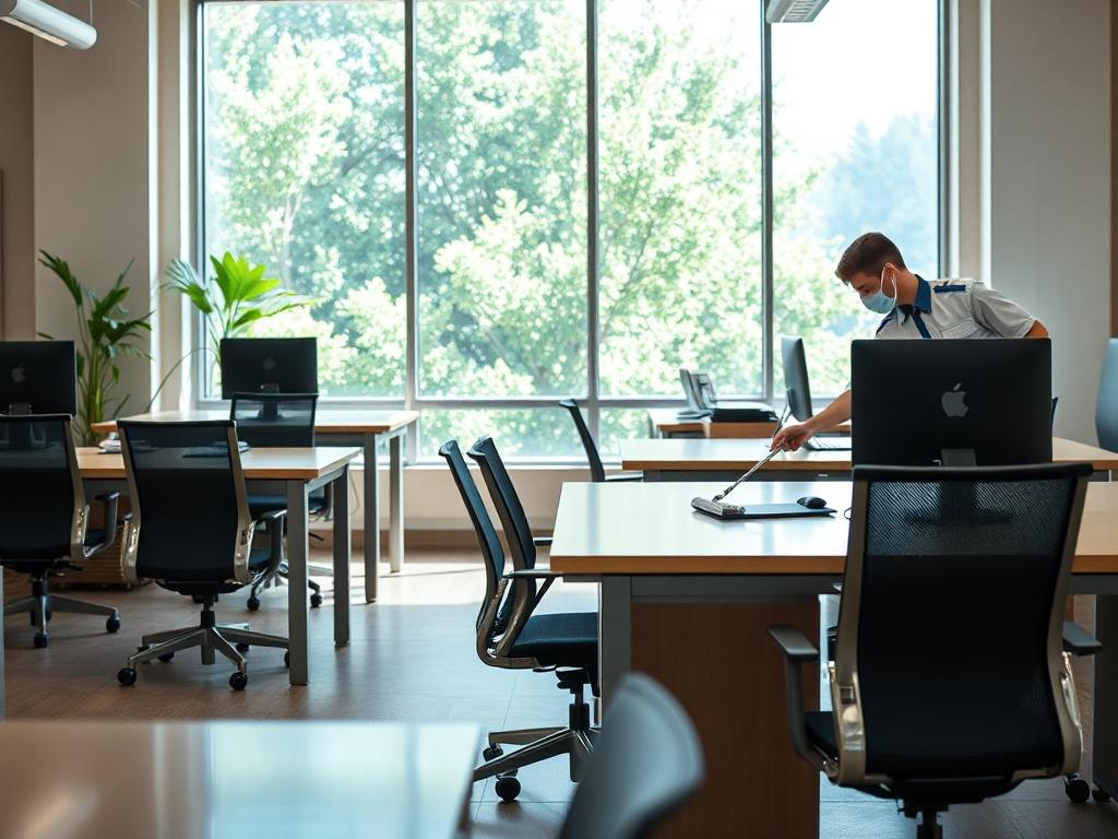 A clean and organized office space with polished desks, neatly arranged chairs, and bright natural light streaming through large windows. There should be a single cleaning professional in uniform, actively dusting a desk, showcasing attention to detail. The background should feature greenery outside the window, creating a refreshing atmosphere and emphasizing cleanliness.