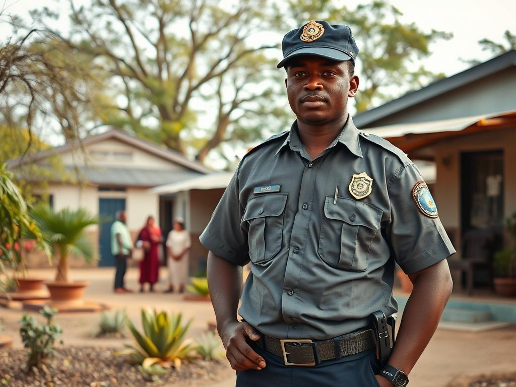**AI Image Generation Prompt:**

Create a realistic high-resolution photo that captures the essence of "Security Considerations for Refugee Houses." The composition should be simple and clear, focusing on a single subject: a compassionate security guard standing protectively outside a refugee housing facility. The security guard should wear a professional uniform, displaying an approachable demeanor while exuding a sense of vigilance and readiness to assist. 

In the background, showcase a well-maintained r