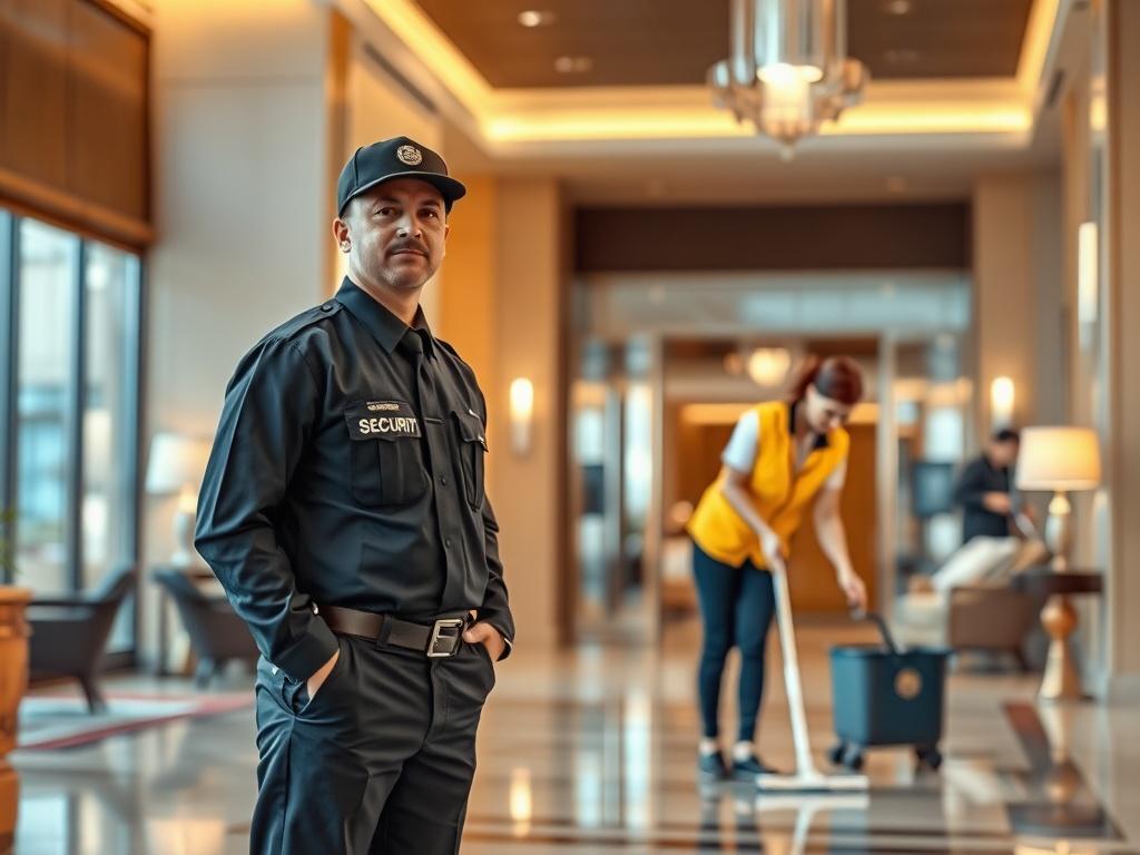 A realistic high-resolution photo showcasing a professional security guard and a cleaning staff member working together in a serene environment. The security guard, dressed in a neatly pressed uniform, stands confidently with a watchful eye, while the cleaning staff member, wearing a bright, friendly uniform, is seen tidying up the area. The background should depict a well-maintained hotel lobby, with soft lighting and cozy golden hues, creating a welcoming atmosphere.