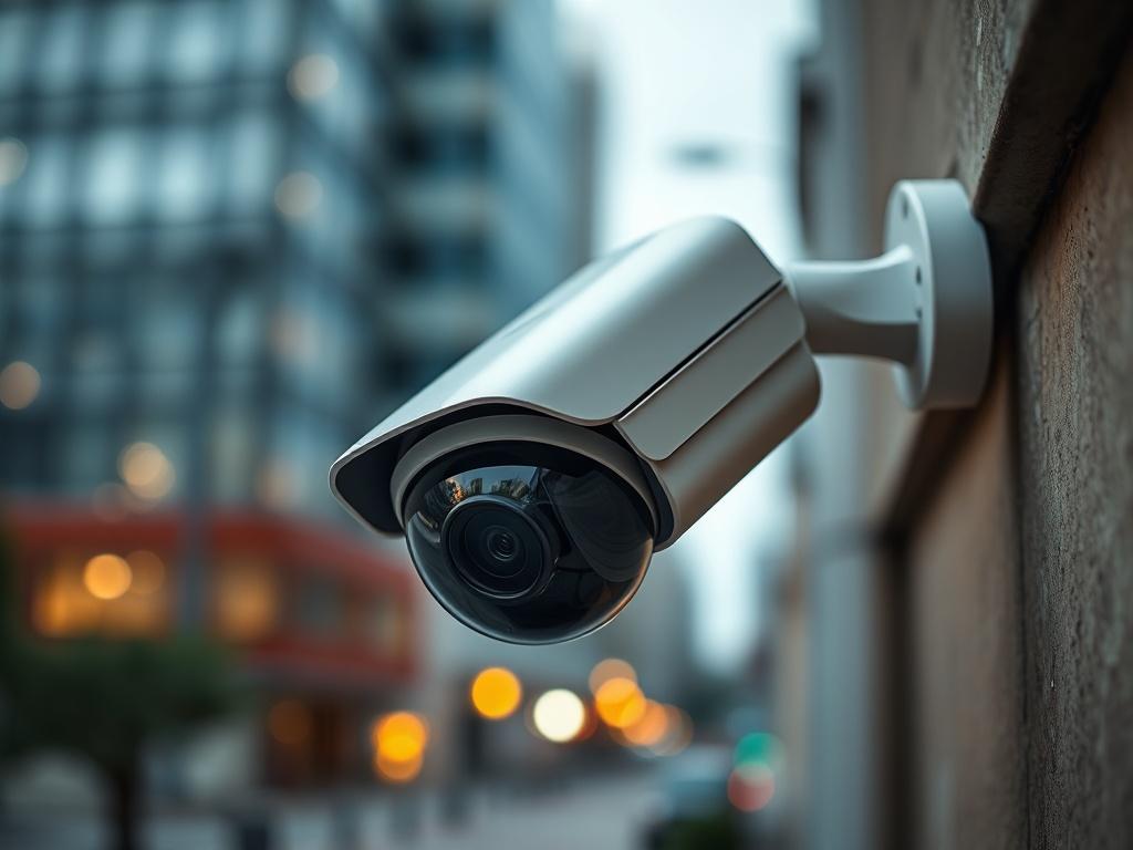 A high-resolution close-up shot of a modern CCTV camera mounted on a wall, showcasing its sleek design and advanced technology. The background should be blurred to emphasize the camera, while still indicating an urban environment. The image should be shot with a 45mm f/1.2 lens to create a depth of field that highlights the camera's details, and it should feature the primary color rgb(50, 170, 39) subtly integrated into the scene.