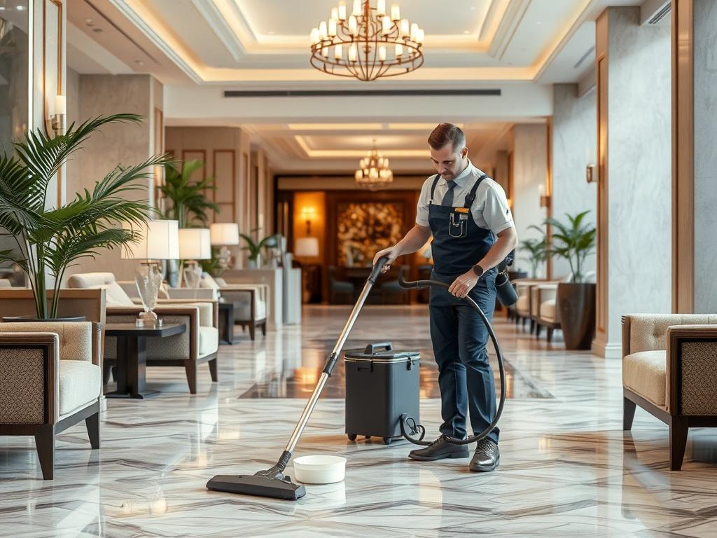 A professional cleaner in uniform meticulously cleaning a hotel lobby, showcasing the importance of hygiene and safety. The cleaner is using a vacuum and cleaning supplies, surrounded by elegant hotel decor. The background features a well-lit space with comfortable seating and decorative plants, emphasizing cleanliness and professionalism.