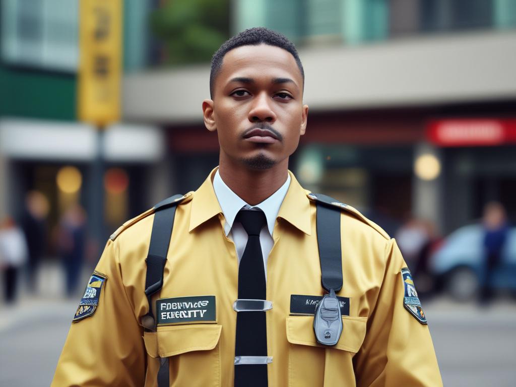 A hyper realistic close up of a professional security guard