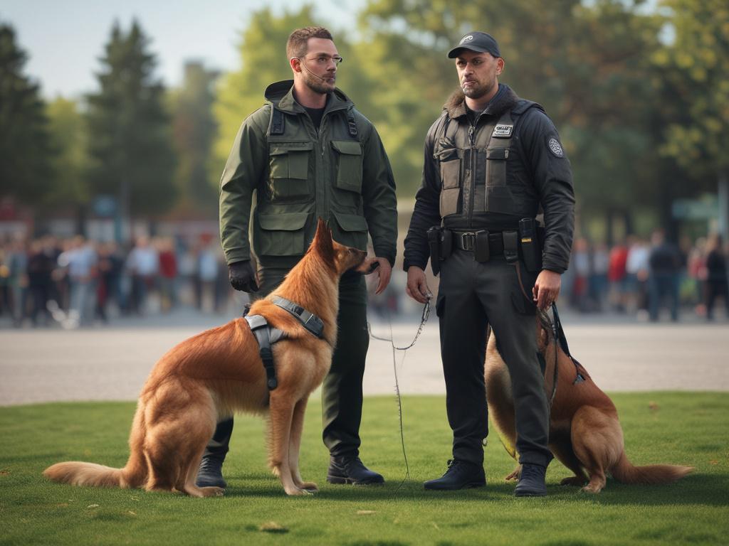 A professional dog handler in a tactical outfit, confidently standing