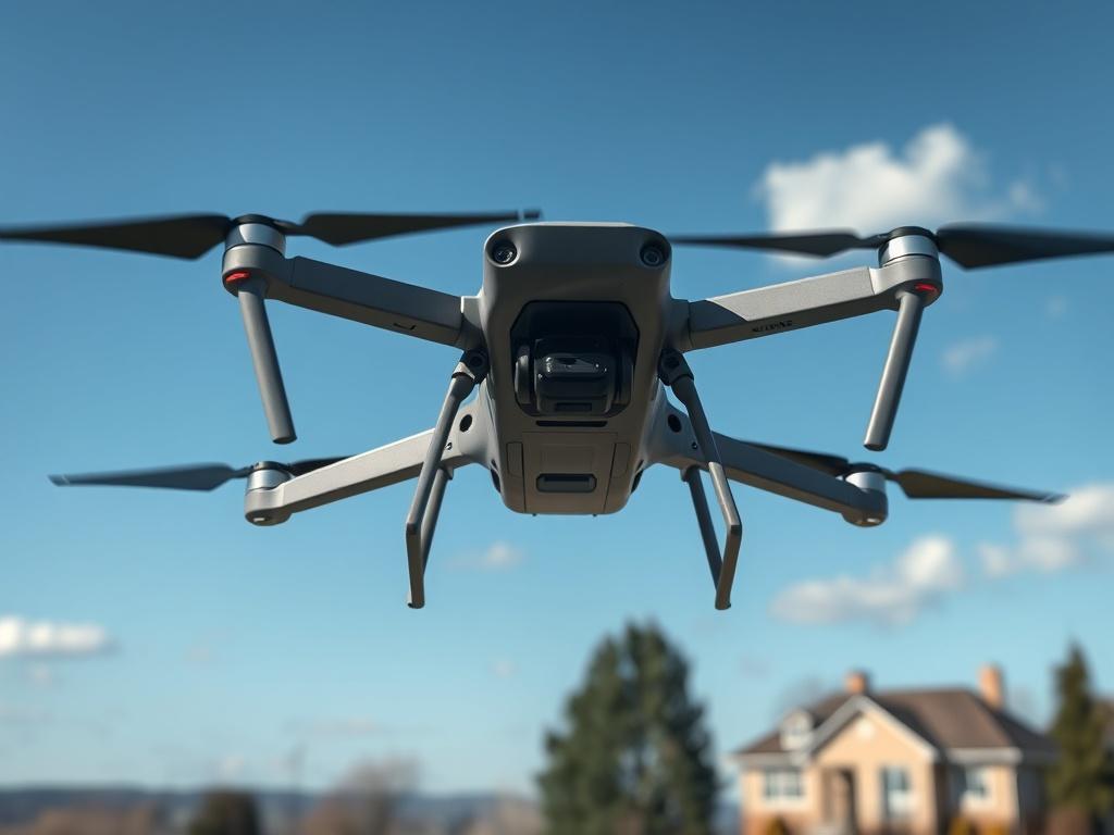 A sleek, modern drone equipped with high-definition cameras hovering in the air, overlooking a large property. The background features a clear blue sky with a few clouds, and below, a well-maintained landscape with trees and a building. The composition is focused on the drone as the main subject, showcasing its intricate details. The lighting highlights the drone’s features, creating a hyper-realistic effect, and the colors complement the rgb(50, 170, 39) primary color.