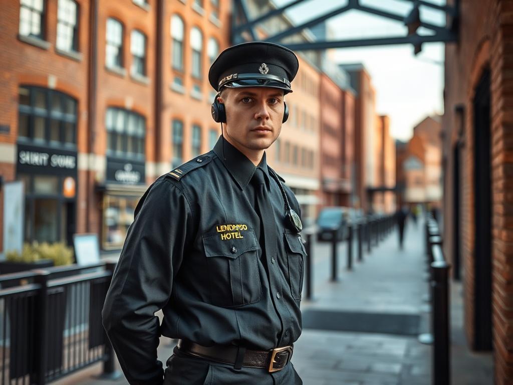 **AI Image Generation Prompt:**

Create a realistic high-resolution image that captures the essence of security at the Leonardo Hotel Albert Dock. The composition should feature a single, professional security guard standing confidently at the entrance of the hotel. The subject should wear a smart, neatly pressed uniform with a visible security badge and a headset, exuding a sense of authority and vigilance.

In the background, showcase the iconic architecture and ambiance of Albert Dock, highlighting its h