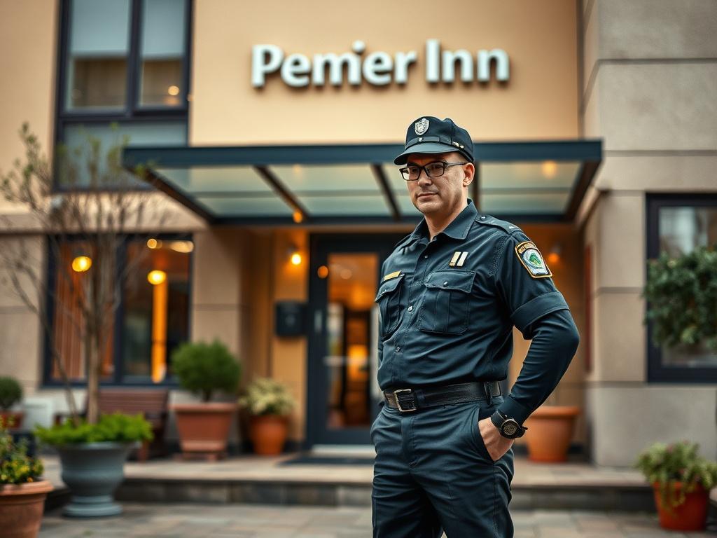 **AI Image Generation Prompt:**

Create a realistic high-resolution image that encapsulates the theme of "Security across Premier Inn Hotels in the UK". The composition should be simple and clear, focusing on a single subject: a professional security guard in uniform, standing confidently at the entrance of a Premier Inn hotel. The subject should embody vigilance and professionalism, conveying a sense of safety and reliability. 

The background should feature the recognizable facade of a Premier Inn hotel, 