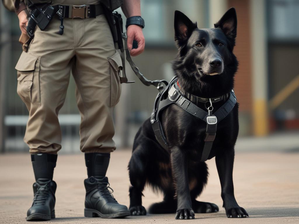 A close-up shot of a dog handler with a trained security dog by their side. The handler is wearing a tactical uniform, showing a strong and confident demeanor. The dog looks alert and focused, ready for action. The background is a soft-focus park setting, enhancing the bond between the handler and the dog. Colors should be rich and vibrant, particularly emphasizing greens to align with the rgb(50, 170, 39) theme.