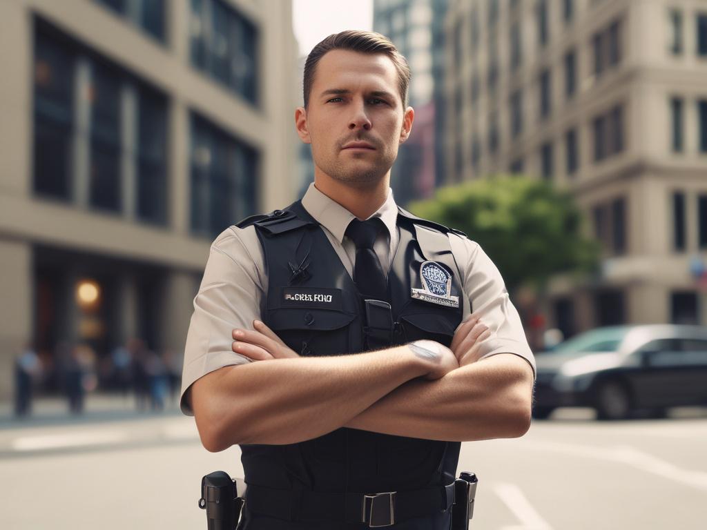 A close-up shot of a professional security guard in uniform, standing confidently with arms crossed. The background is a blurred image of an urban setting, emphasizing the guard's presence. The focus is sharp on the guard's face and uniform, showcasing a determined expression. The colors are vibrant, with a primary focus on green tones to match the rgb(50, 170, 39) color scheme.