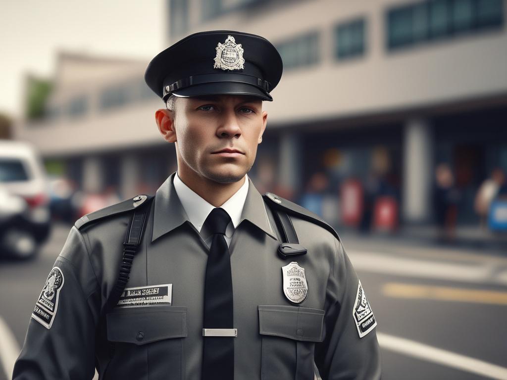 A close-up shot of a static security officer standing at a checkpoint, looking vigilant and prepared. The officer is in full uniform, with a clear view of their badge and gear. The background shows the outline of a secure building, softly blurred to maintain focus on the officer. The overall color scheme incorporates greens to align with the rgb(50, 170, 39) palette.