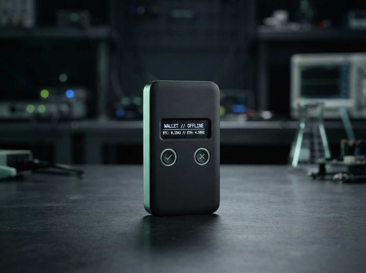 Black hardware wallet device shown fully in a dark graphite security lab setting