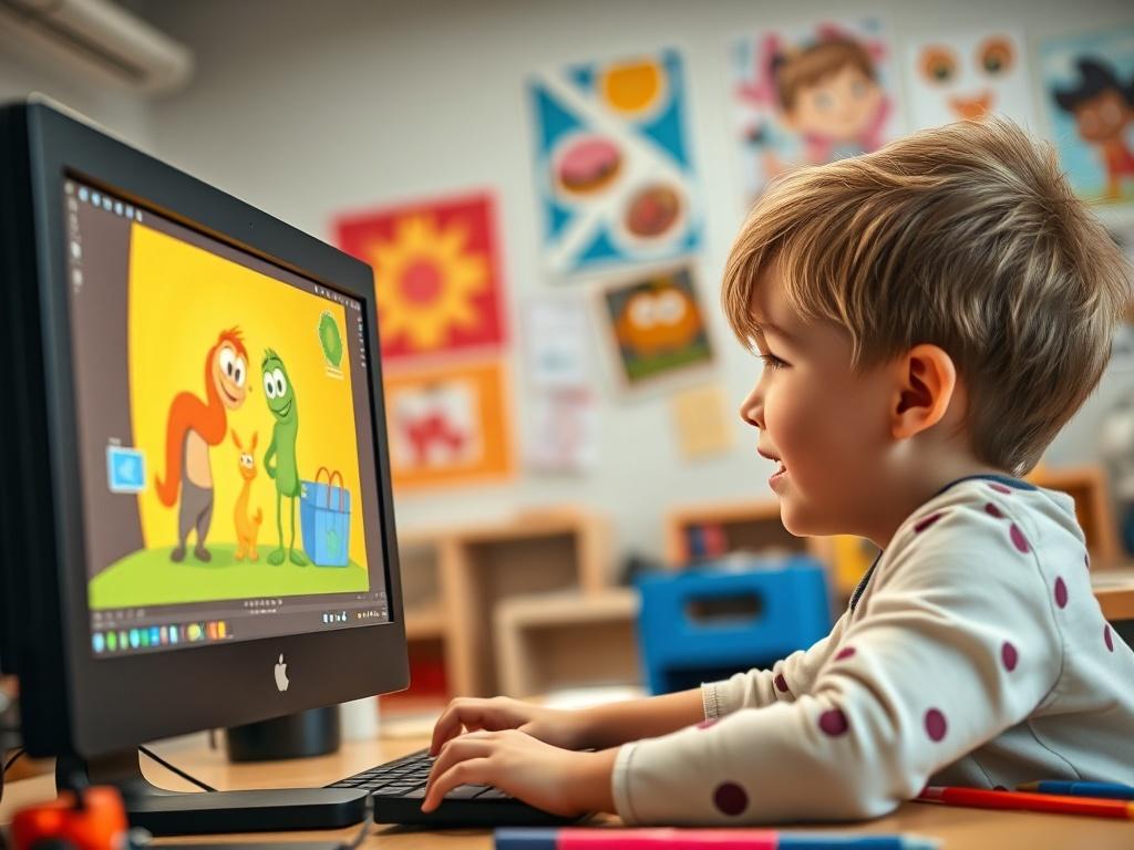 A high-resolution close-up shot of a child enthusiastically engaging in a 2D animation class. The child is focused on a computer screen displaying colorful animation software. The background is a bright, cheerful classroom setting with posters of animated characters and artistic tools scattered around. The lighting is warm and inviting, highlighting the child's excitement and creativity.