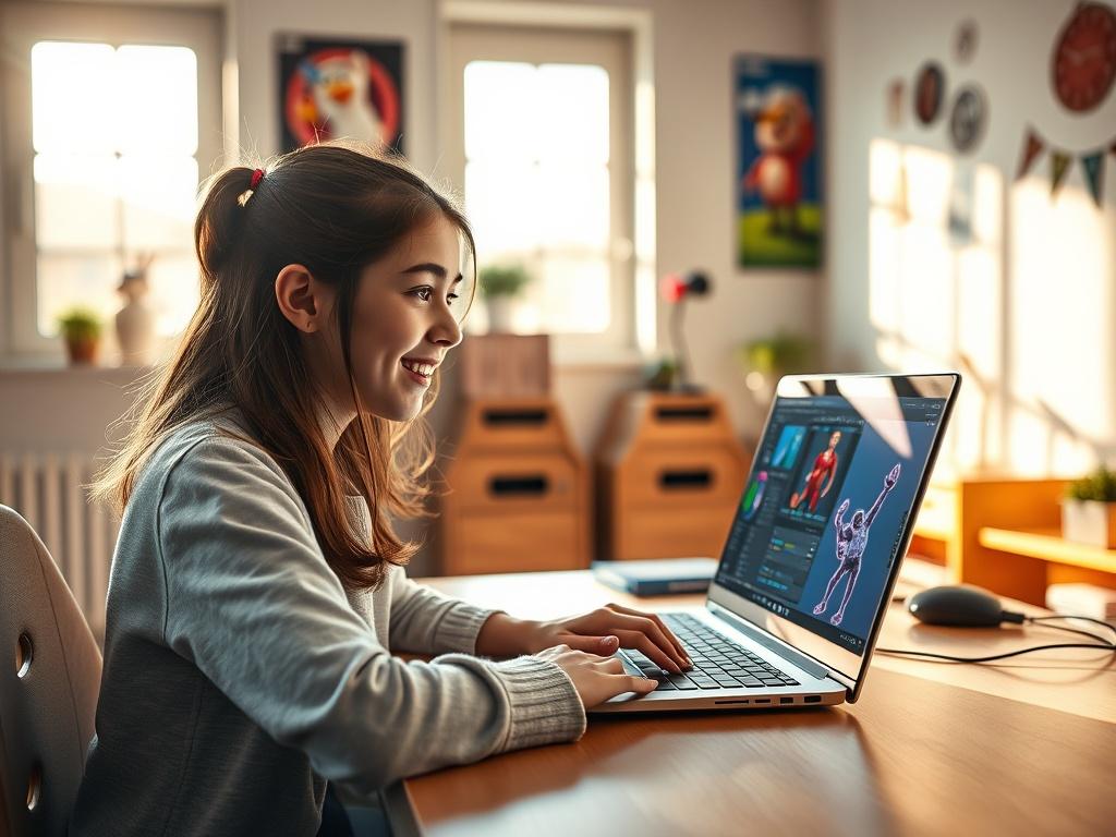 A close-up shot of a young student engaged in learning about 3D animation. The student, a teenage girl, is sitting at a modern desk with a laptop open in front of her, displaying colorful 3D animation software. The room is bright and inviting, decorated with posters of animated characters on the walls. Sunlight streams in through a window, casting a warm glow on the scene. The focus is on the student's expression of excitement and curiosity as she explores the world of animation.
