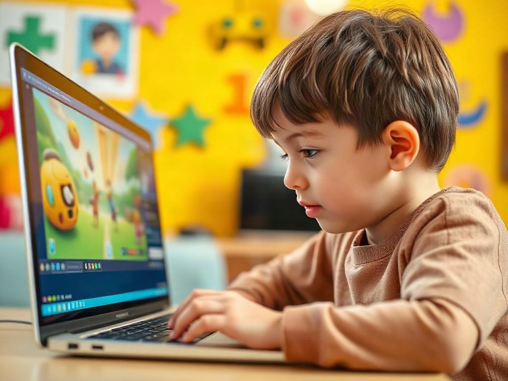 A close-up shot of a young child focused on coding on a laptop, with colorful game graphics displayed on the screen. The background is bright and cheerful, featuring playful elements like game controllers and character designs. The lighting is warm and inviting, creating an engaging atmosphere that showcases the excitement of game development.