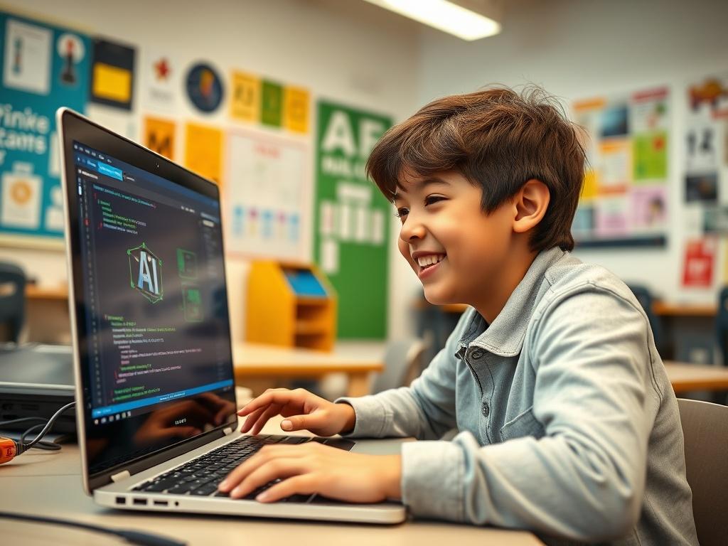 A close-up shot of a young student working on a laptop with AI coding software open. The student is smiling, showing excitement and engagement. The background is a bright, modern classroom filled with educational posters and technology tools. The focus should be on the student's face and hands on the keyboard, capturing the essence of learning and creativity. The image should be rendered in hyper-realistic detail, utilizing a 45mm f/1.2 lens style.