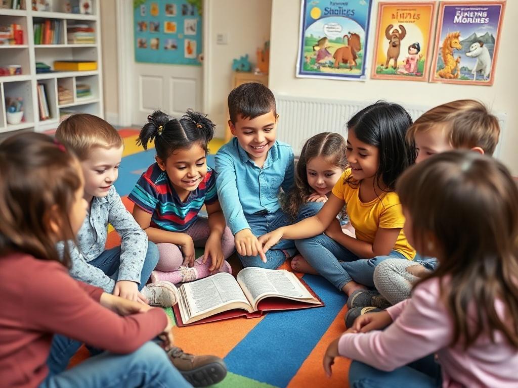 A high-resolution close-up shot of a diverse group of children, ages 7 to 18, sitting in a circle on a colorful classroom floor. They are engaged in a Bible study session, with an open Bible in the center. The children are smiling, showing interest and enthusiasm, with one child pointing towards a page in the Bible. The background features soft, bright colors with educational posters related to biblical stories on the walls, creating a warm and inviting atmosphere.