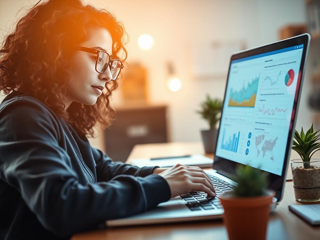 A close-up shot of a young data scientist working on a laptop in a modern workspace. The scientist, a female with glasses and curly hair, is analyzing data visualizations on the screen. The background features a tidy desk with a plant and a notepad, creating an inspiring and innovative atmosphere. The lighting is bright and inviting, emphasizing the focus on technology and creativity.